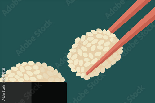 Chopsticks picking up sushi rice on dark green background