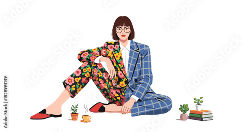 A stylish woman wearing a unique split-design suit with floral and grid patterns sits on the floor next to small potted plants and a stack of books.