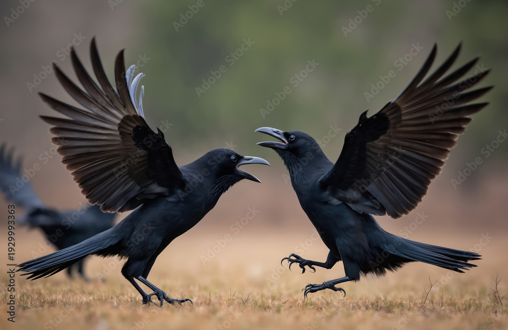 Obraz premium Two black ravens fight on grassy field with wings spread. One raven jumps, other lands, squabbling over food on ground. Birds showing aggressive behavior, wild nature scene.