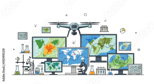 A vector illustration showing a modern scientific research laboratory equipped with a drone and multiple monitors.