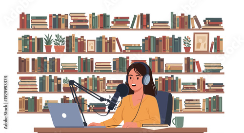 A female content creator wearing headphones speaks into a professional microphone while sitting at a desk positioned in front of a large library bookshelf.