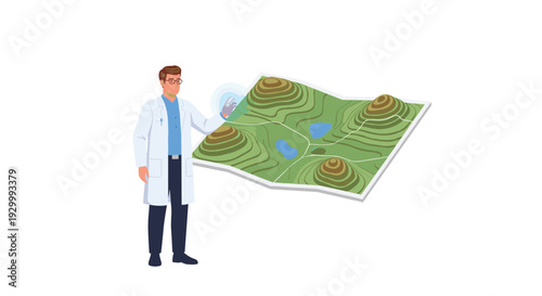 A male scientist wearing a white lab coat interacts with a floating 3D topographic map on a white background.