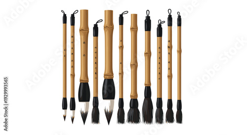 Twelve traditional bamboo calligraphy brushes with black bristles and hanging loops are arranged vertically on white.