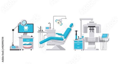 A collection of modern dental clinic equipment including a blue patient chair, an overhead light, and an X-ray machine.