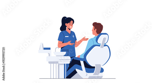 A female dental assistant in blue scrubs speaks with a male patient seated in a modern dental chair in a bright clinic.
