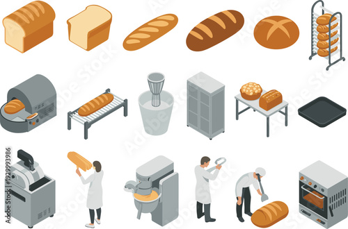 Isometric bakery factory illustration with bread varieties, baking machines, professional bakers, industrial ovens, and food production workflow process