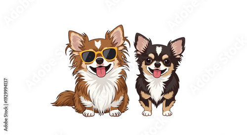 Two long-haired Chihuahua dogs sit together with their tongues out while one wears yellow sunglasses against a white background.