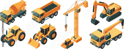 Isometric construction machinery vector illustration featuring excavator, tower crane, dump truck, cement mixer, loader and industrial vehicles set