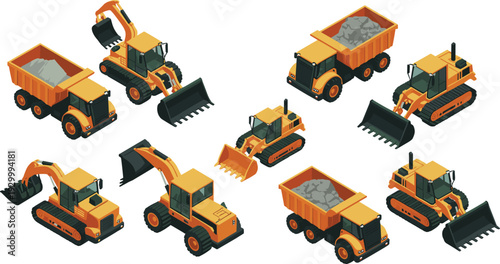 Isometric construction machinery vector set featuring dump trucks, excavators, bulldozers, loaders and heavy industrial equipment illustration
