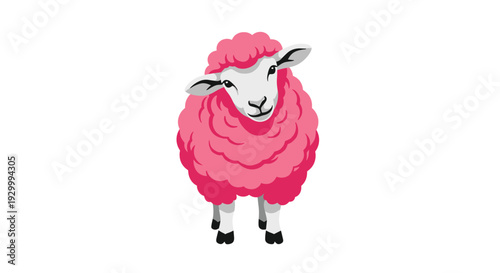 A single cartoon sheep with bright pink wool and a white face stands facing forward on a solid white background.