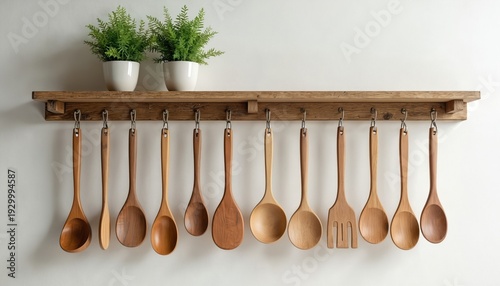 Rustic wooden shelf with assorted cooking utensils hanging below. Two green plants in white pots sit atop the shelf. Kitchen accessories are neatly arranged for easy access in a home.