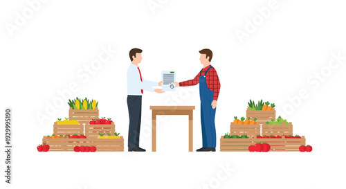 Businessman and farmer exchanging a contract document between stacks of vegetable crates in a clean flat vector illustration.