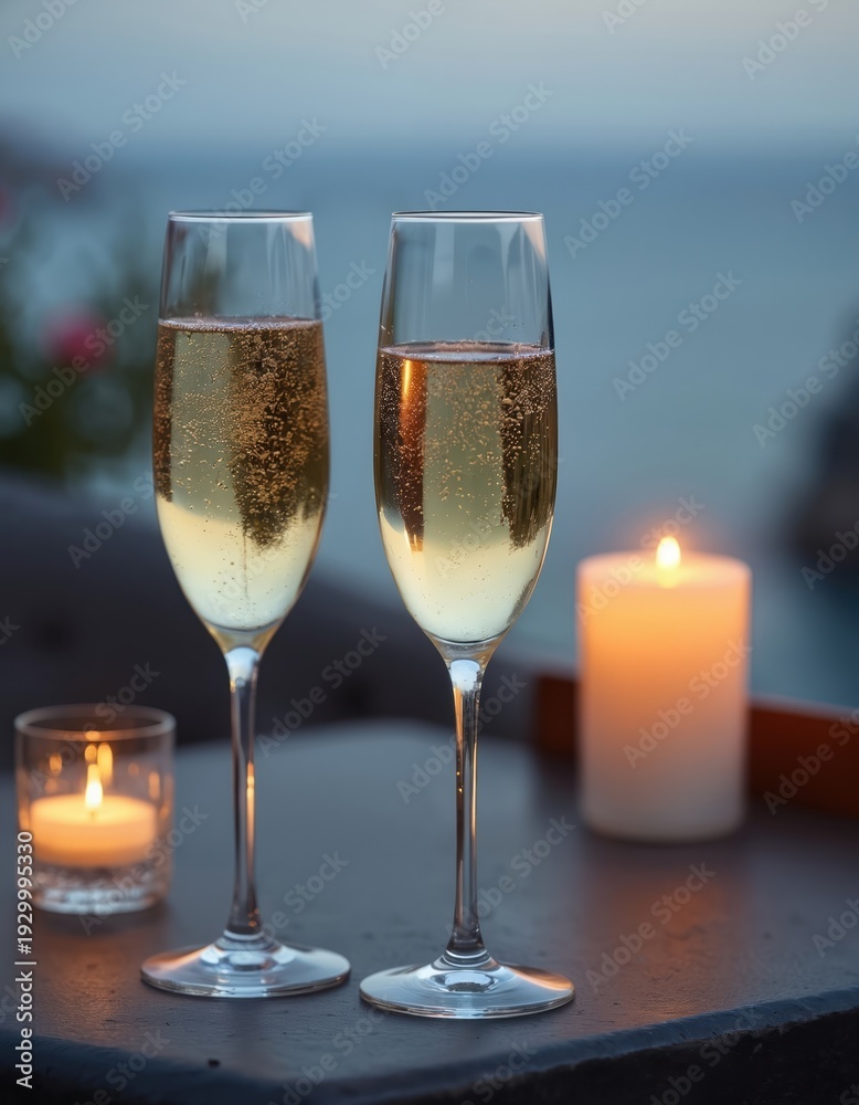 Obraz premium Two glasses of bubbly champagne stand on a table near lit candles. Ocean view at dusk creates romantic atmosphere. Perfect for celebration or luxury lifestyle.