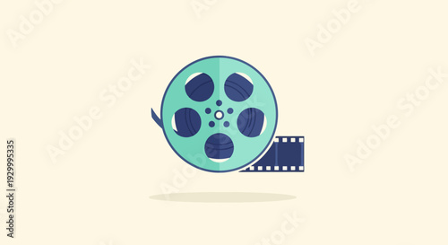 Vintage film reel with film strip, movie production icon symbolizing cinema and entertainment industry