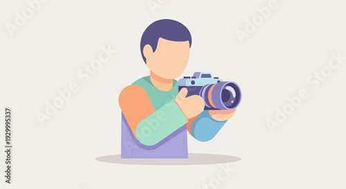 Man holding a camera capturing a photo, illustration representing photography and visual creation