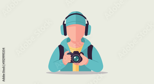 Vibrant vector illustration featuring a modern photographer or tourist, equipped with a camera and headphones, ready for capturing moments and enjoying music on their journey