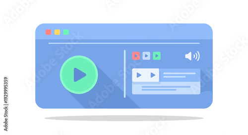 Flat design of a video player interface with play button, progress bar and volume control, representing digital media playback and online content