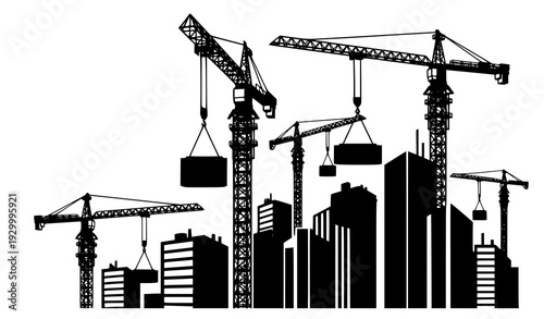 Tower crane silhouette high rise building construction vector