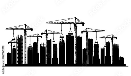Construction crane skyline silhouette assembling tall buildings vector