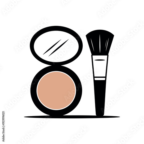 Cosmetic compact powder case lies open next to a black makeup application brush accessory.
