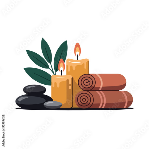 Two lit candles sit beside stacked towels and smooth river stones for a relaxing spa treatment.