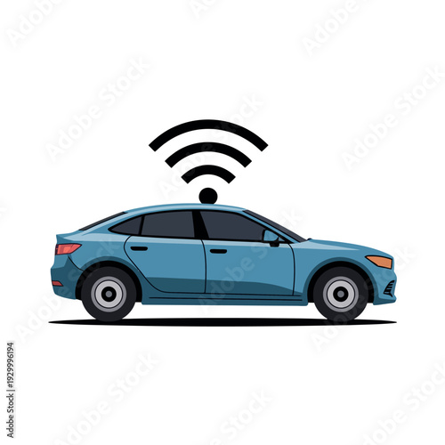 Blue modern sedan vehicle with a visible wireless signal emanating from the roof antenna.