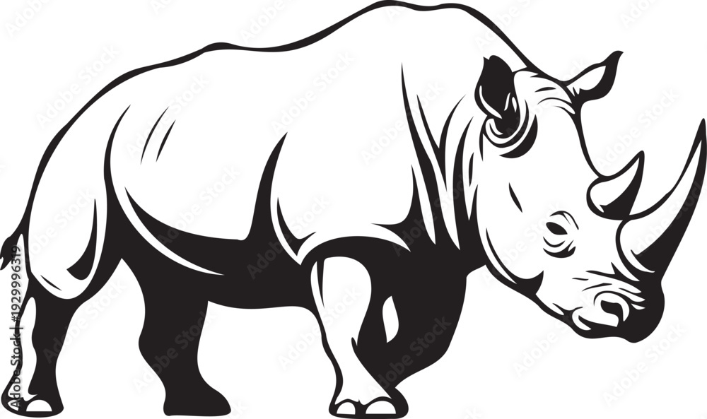 Fototapeta premium Rhinoceros outline black vector illustration, rhino graphic isolated on background