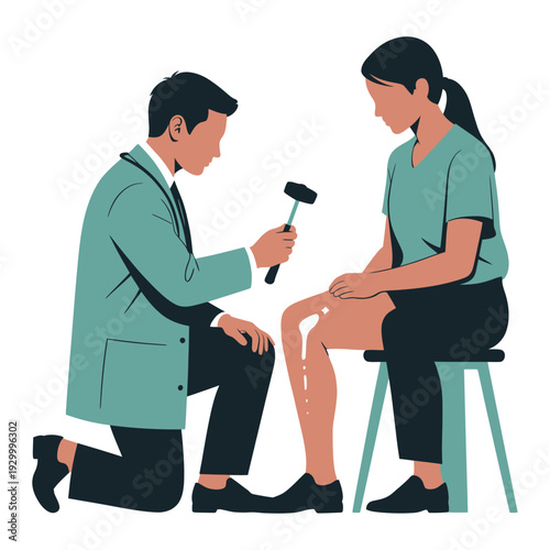 Doctor checks patient's knee reflex using a small rubber hammer during a routine medical examination.