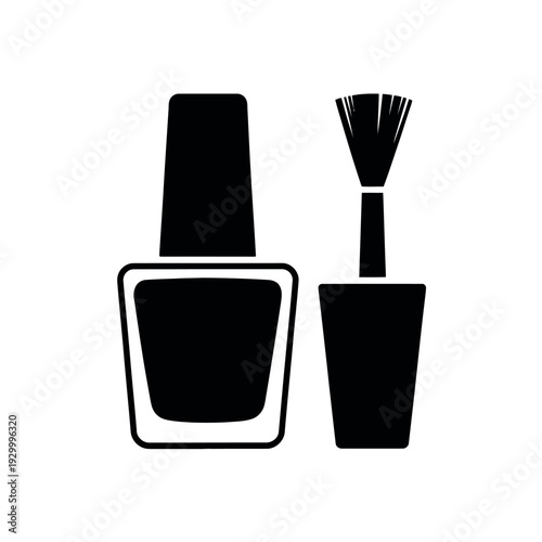 Nail polish bottle with applicator brush stands ready for beauty application against a white.