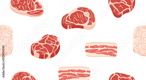 A seamless pattern of various raw meat cuts including beef steaks and bacon strips is displayed on a plain white background.