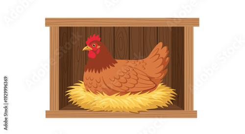 A brown hen sits on a bed of yellow straw inside a dark wooden nesting box with vertical wooden slats in the background.
