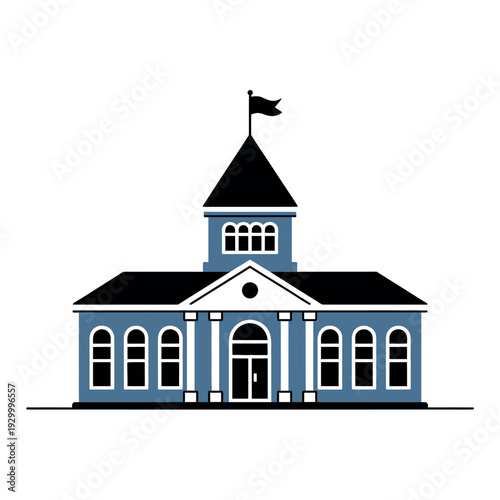 Classical government building features large columns and a central spire flying a small flag proudly.
