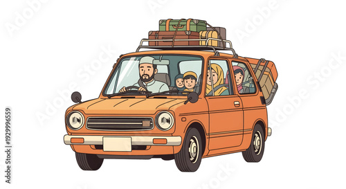 Family on Road Trip in Orange Car.