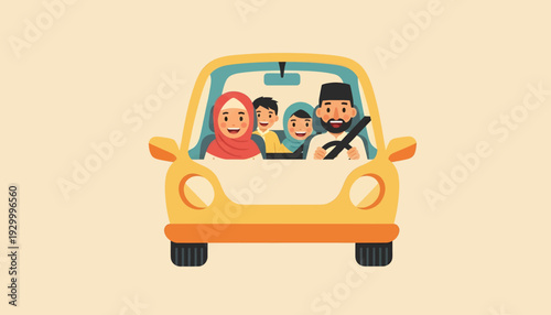 Family Riding Together in Yellow Car.