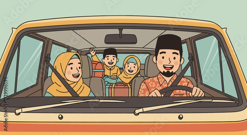 Family Traveling Together in Car Illustration.