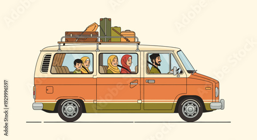 Orange Camper Van with Luggage on Roof.
