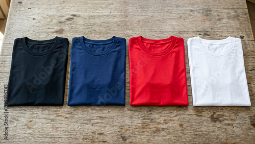 Four shirts in black, blue, red, and white, placed on a wooden table.