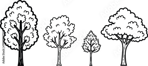 Illustration of trees with varying heights and foliage, viewed from the side in a simple black and white style
