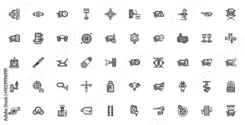 Car Garage icon set. Auto repair vector icons. Includes tools, engine parts, tire, battery, piston, wrench, jack, and more. Editable stroke.