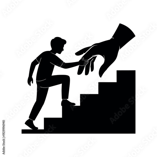 Silhouette of a determined person climbing upward steps receiving assistance from a large helping.
