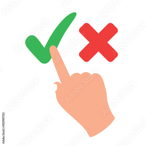 Hand pointing toward green checkmark emphasizes successful decision making and user agreement.