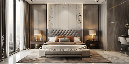 Luxurious Bedroom With Tufted Headboard and Warm Ambiance