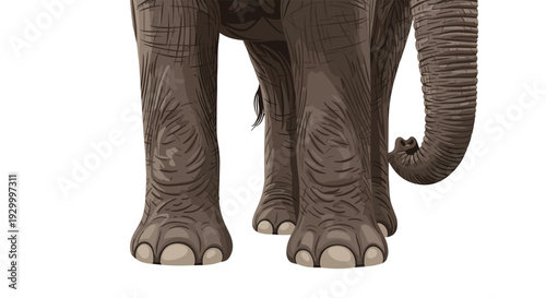 The lower legs and feet of a large elephant with wrinkled brownish-grey skin and visible toenails are shown against a white background.
