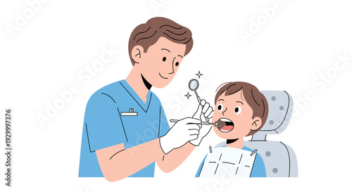 A male dentist wearing blue scrubs and white gloves uses a mirror to examine the teeth of a young boy in a dental chair.