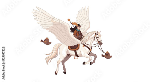 A female warrior in brown attire rides a majestic white pegasus with large feathered wings across a plain white background.