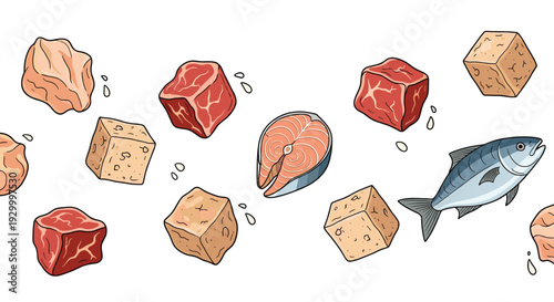 Various raw food items including beef cubes salmon steak whole fish and tofu blocks float across a clean white horizontal background.