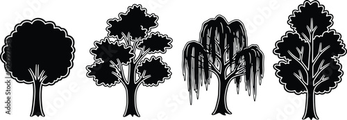 Collection of various tree silhouettes including willow and deciduous trees illustrated in black