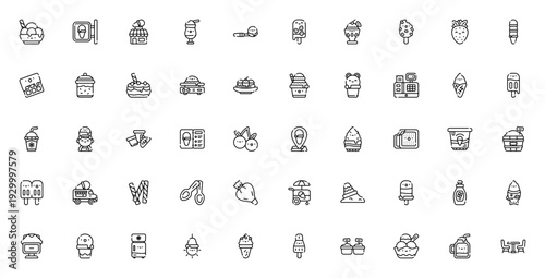 Ice cream icon set. Vector illustration pack. Includes symbols for shop, cone, popsicle, milkshake, truck, waffle, spoon and more. Editable stroke.