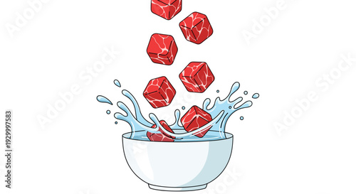 Several red marbled meat cubes fall into a white bowl of water creating a large dynamic blue splash against a plain background.