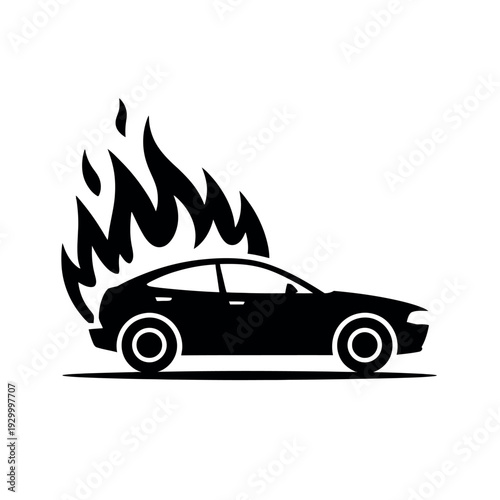 Automobile graphic icon signifies a vehicle fire emergency requiring immediate insurance claim.